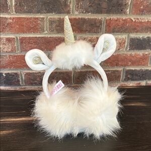 Justice For Girls Plush Unicorn Pompom Earmuffs white and gold NWOT